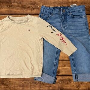Tommy Hilfiger Kids Beige and Red Long Sleeve Tee and Light Blue Jeans